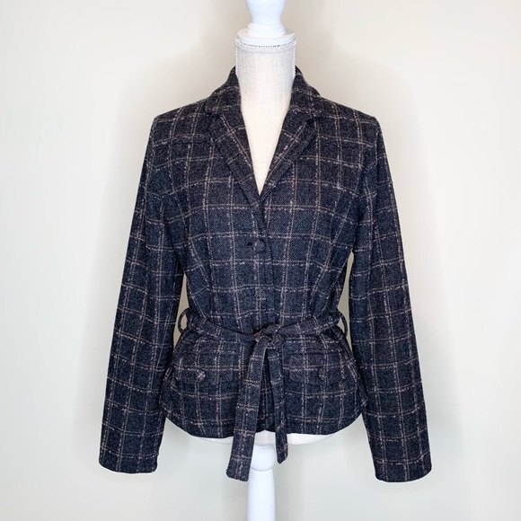 American Eagle Wool Blend Plaid Blazer Waist Tie 90s Y2K Large - Picture 1 of 10